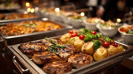 Lavish buffet spread at an upscale catering event features gleaming trays of gourmet dishes like grilled chicken, potatoes, and fresh salads.