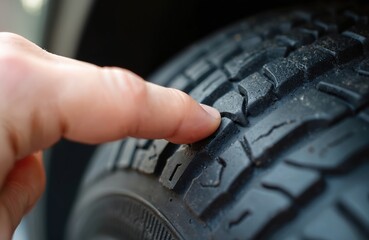 Finger touches tire tread close up. Person check rubber of car wheel. Detail view auto tyre. Transport road maintenance concept. Mechanic repair auto on garage. Safe travel