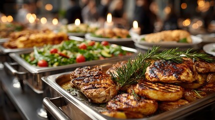 Lavish buffet spread at an upscale catering event features gleaming trays of gourmet dishes like grilled chicken, potatoes, and fresh salads.