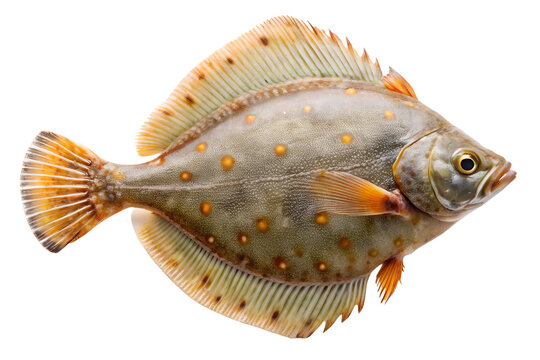 Whole raw european flounder or plaice, a flatfish with distinctive orange spots and mottled camouflage pattern, isolated on transparent background for culinary use