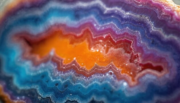 Macro photo of geode slice. Vivid colours include blue orange red and purple. Detailed layered crystal structure creates abstract pattern. Beautiful mineral background texture.