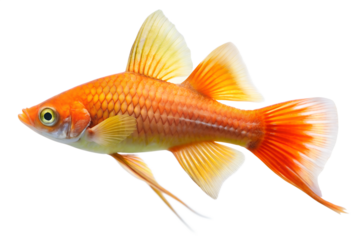 Bright orange and yellow swordtail fish swimming isolated on transparent background, tropical freshwater aquarium pet with vibrant coloration and flowing fins