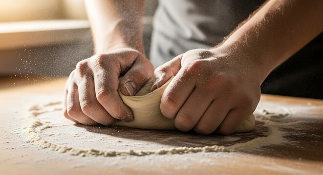 Close-up of hands kneading dough on a floured surface preparing homemade bread pasta or pizza in a rustic kitchen setting - Powered by Adobe
