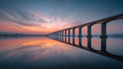 Obraz premium Modern concrete bridge spans across calm, reflective water during a pastel-colored dawn. The sky is filled with soft, streaking clouds now.
