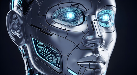 Fototapeta premium Futuristic Robotic Face with Glowing Eyes and Integrated Circuits
