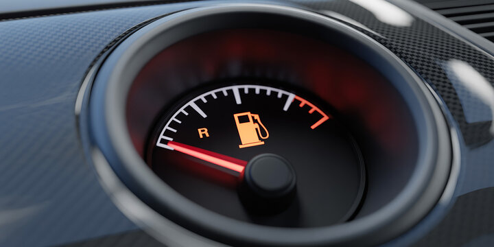 Close up of a car's fuel gauge showing an empty tank with a red needle automobile dashboard - Powered by Adobe