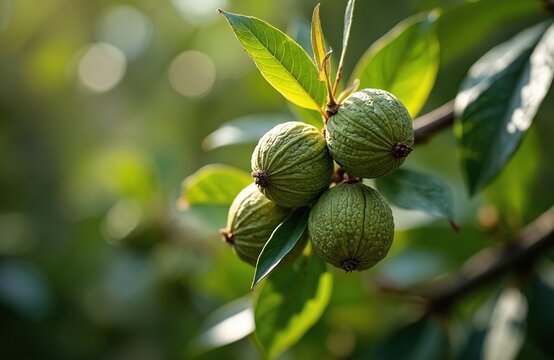 Cluster of unripe green walnuts with leaves on a tree branch. Detailed view of round, textured fruits growing outdoors. Natural plant detail with blurred background.