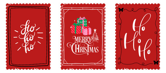 Three festive christmas themed postage stamps with holiday greetings and gift illustrations on red background.