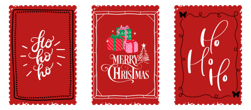 Three festive christmas themed postage stamps with holiday greetings and gift illustrations on red background.