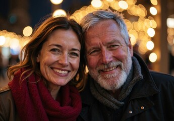 Closeup of a smiling mature couple leaning heads together in front of warm bokeh Christmas lights for festive mood  
