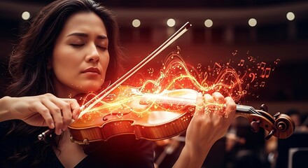 Young woman playing violin with glowing musical notes passionate performance in concert hall artistic expression