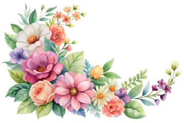 Beautiful watercolor floral corner arrangement with pink, purple, white, and orange flowers and green foliage, isolated on transparent background