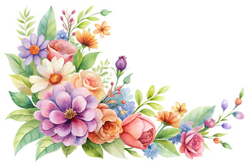 Charming watercolor corner arrangement with mixed pastel flowers like roses and daisies in shades of purple, pink, and orange with green leaves isolated on transparent background