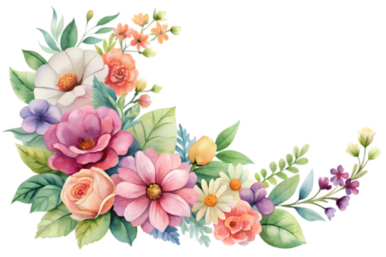 Beautiful watercolor floral corner arrangement with pink, purple, white, and orange flowers and green foliage, isolated on transparent background