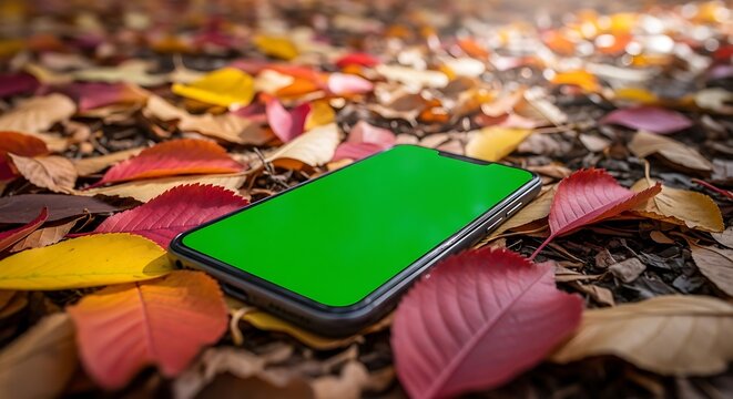 Smartphone with green screen amidst colorful autumn leaves - Powered by Adobe