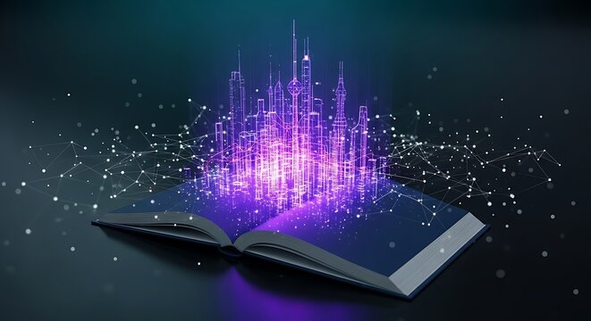 Open book with glowing futuristic city a concept for knowledge technology and imagination on a dark background