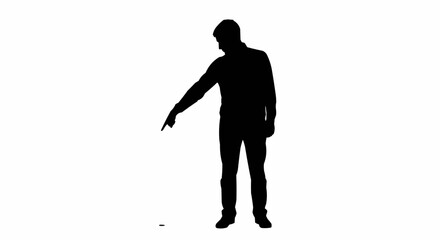 Black silhouette of a man standing and pointing downwards.
