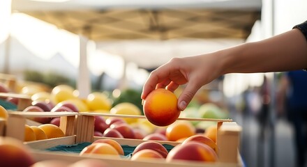 Hand picking a fresh ripe peach at a farmers market selecting summer fruit healthy eating and local produce concept