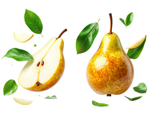 Two-Variation Floating Pear with Half Slices Collection, isolated on transparent background