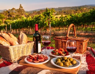 Naklejka premium Spanish picnic with red wine and food in vineyard