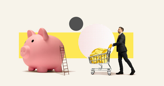 A man carries a large pile of gold coins in a shopping cart to a large piggy bank with a ladder attached to it. Concept of financial management, business success, profit, accumulation and preservation - Powered by Adobe