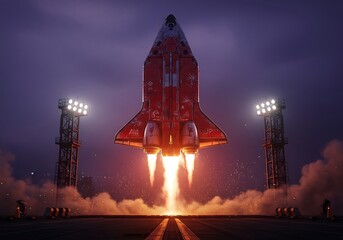 Red space shuttle launching at night powerful rocket taking off concept for innovation and space exploration