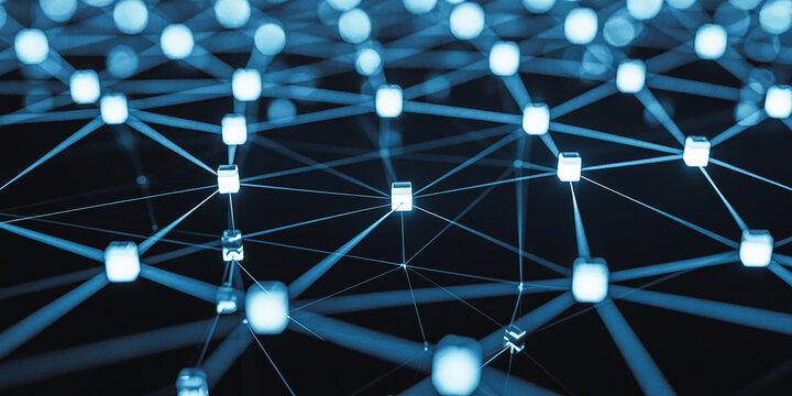 Digital network of glowing nodes and connections in a dark abstract space technology data
