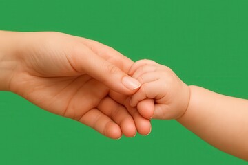 mother holding her baby's hand on greenscreen
