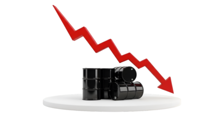 Oil Barrels and Red Downward Trend Arrow on White Platform