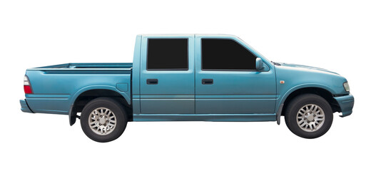 Right side view of clean light blue pickup truck isolated on white background with clipping path