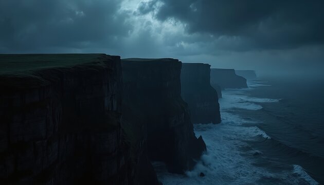 Dark stormy ocean waves crash against tall rugged cliffs at night. Dramatic clouds loom over steep precipices and rough sea. Misty seascape with raw nature power.