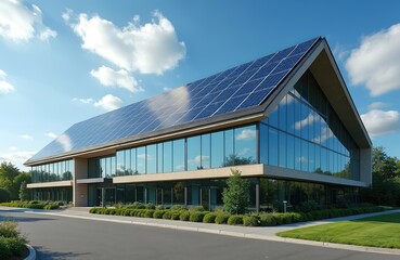Obraz premium Modern office building features extensive solar panels on angled roof generating clean energy. Large glass windows reflect blue sky, clouds. Rich green landscaping surrounds sustainable corporate