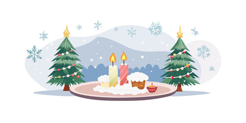 Fototapeta premium A cozy winter scene featuring handcrafted snow-covered Christmas trees, delicate snowflakes, and a candle on a white plate. Deep, rich lighting creating a warm and inviting atmosphere. Focus on intr.