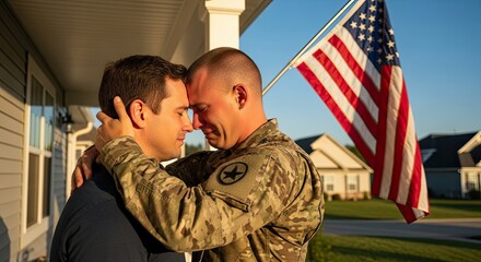 Soldier Embraces Loved One Home Under the American Flag