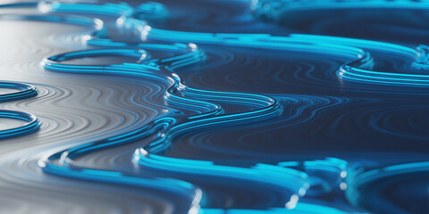 Flowing blue and silver metallic liquid with wavy lines and reflections abstract