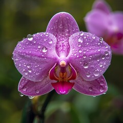 Dewy Purple Orchid Flower with Water Droplets on Petals in Soft Focus