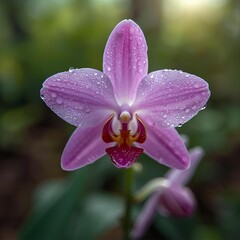 Delicate Pink Orchid Covered in Water Droplets on Green Background