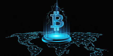 Global Bitcoin Network Digital Hologram with World Map and Glowing Symbol cryptocurrency