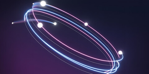 Glowing pink and blue elliptical orbits with bright points of light on dark background abstract