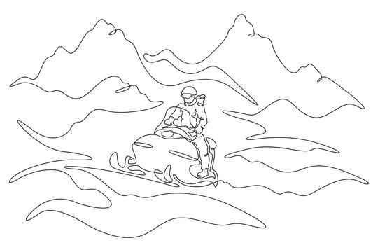 Continuous single line drawing snowmobile ride. Driver on a snowmobile against the background of mountains.Linear . One continuous line isolated minimalist illustration. Not AI.