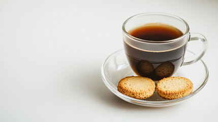 Glass cup of coffee with biscotto on saucer, clean minimalist composition, white background.Copy space.