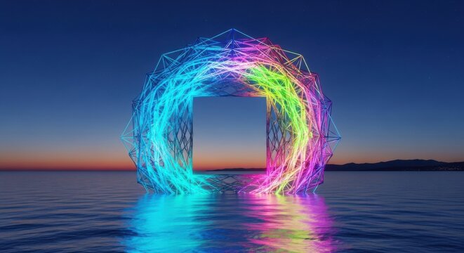 Luminous geometric structure over calm waters reflecting vibrant colors at twilight - Powered by Adobe
