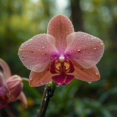 Orchid Flower with Water Droplets, Pink Purple Blossom in Natural Setting