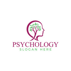Psychology logo design featuring a human head silhouette with a growing tree inside, symbolizing mental growth and therapy, isolated on white background