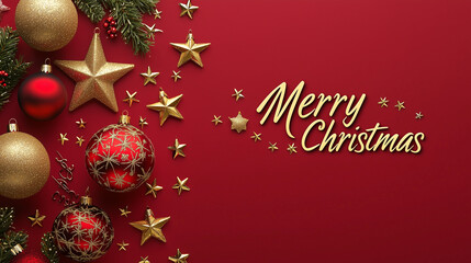 Red background with golden stars, ornaments and bold shiny typography "Merry Christmas".