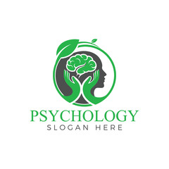 Green psychology logo design with a human head silhouette holding a brain shape with hands, surrounded by a leaf motif, representing mental wellness and care, isolated on white background