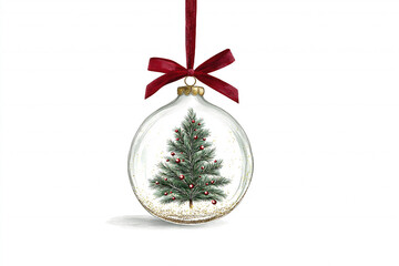 Elegant Watercolor Christmas Ornament Illustration: Glass Bauble with Pine Tree and Red Ribbon Isolated on White