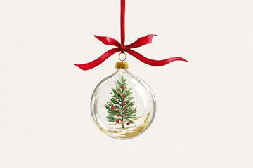 Elegant Watercolor Christmas Ornament Illustration: Glass Bauble with Pine Tree and Red Ribbon Isolated on White