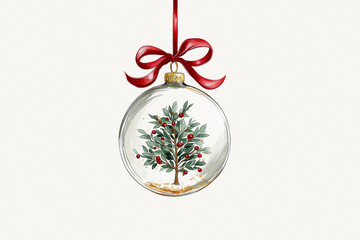 Elegant Watercolor Christmas Ornament Illustration: Glass Bauble with Pine Tree and Red Ribbon Isolated on White