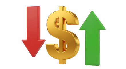Fototapeta premium Gold Dollar Sign with Red Down Arrow and Green Up Arrow